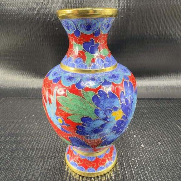 Vintage Chinese Cloisonne Vase Vessel Bud Vase Blue Red Bird Flowers Metal VTG - Picture 10 of 12